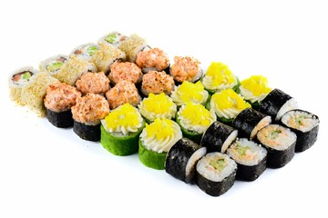 New menu in the restaurant. Different kind of sushi rolls isolated on white background