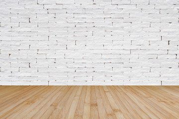 Brick wall painted in white with wooden floor textured background in natural yellow brown