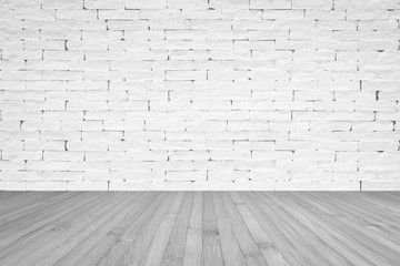 Grunge old aged brick wall painted in white color with wooden floor textured background in light grey with vignette