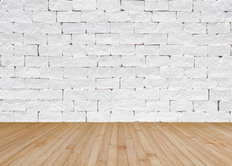 Brick wall painted in white with wooden floor textured background in natural yellow brown