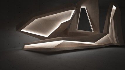 Abstract  concrete and wood parametric interior  with neon lighting. 3D illustration and rendering.