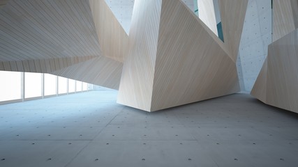 Abstract  concrete and wood parametric interior  with window. 3D illustration and rendering.