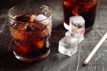 Rum and cola with ice. Cold cocktails for summer parties. Alcohol.