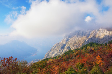 Fototapety  Autumn landscape with mountains and cloud. Montenegro,  view of Vrmac mountain and Bay of Kotor