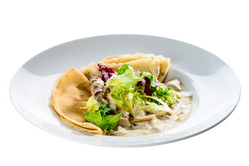 New menu in the cafe. Russian pancakes blini with fresh cream cheese isolated on white background