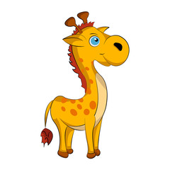Cute cartoon of a small and gay giraffe. Vector illustration. Isolated on white background.