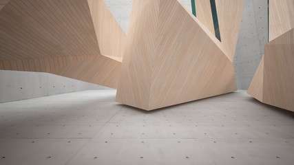 Abstract  concrete and wood parametric interior  with window. 3D illustration and rendering.