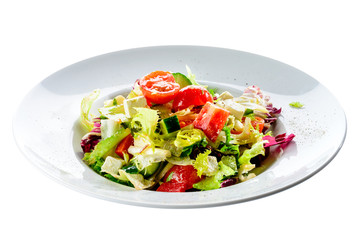 New menu in the restaurant. Fresh vegetarian salad isolated on white background