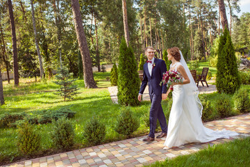 happy newlyweds holding hands and walking on walkway in summer park