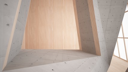 Abstract  concrete and wood parametric interior  with window. 3D illustration and rendering.