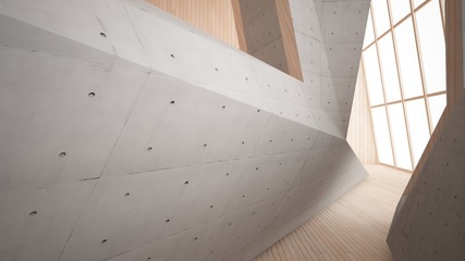 Abstract  concrete and wood parametric interior  with window. 3D illustration and rendering.