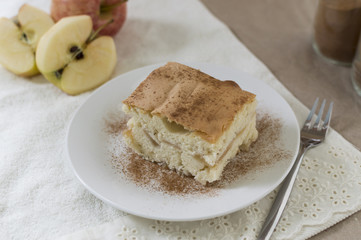 Homemade apple cake on plain paper and cloth napkin