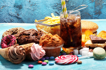 Unhealthy products. food bad for figure, skin, heart and teeth.
