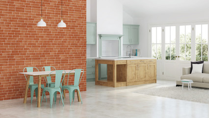 Modern interior of a country house. Light green kitchen. Doors with access to the terrace and garden. 3D rendering.
