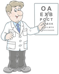 Smiling doctor oculist with a pointer and a plate of letters checking eyesight