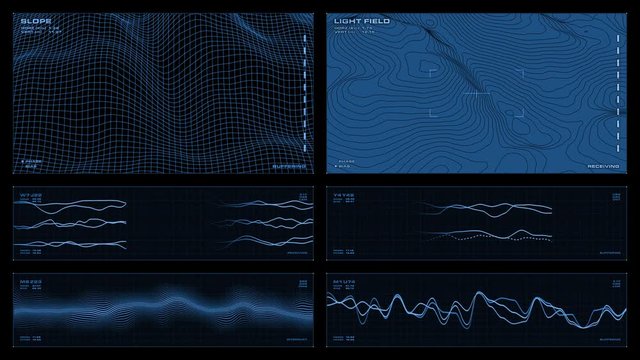 Monochromatic multi-panel visual display: elevation map, animated line graphs, waveforms, readouts, indicators. Clip loops and is reversible.