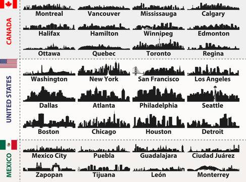 vector set of Central and South America cities abstract skylines silhouettes
