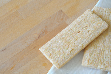 crispbread on a kitchen table, large copy space