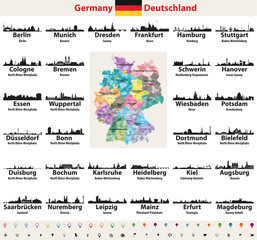 Germany map with largest cities skylines silhouettes vector set