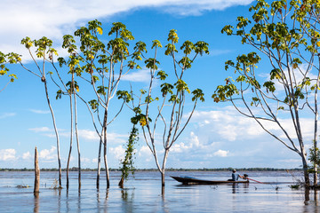 A small traditional boat and trees submerged in flooded area of the Amazon River