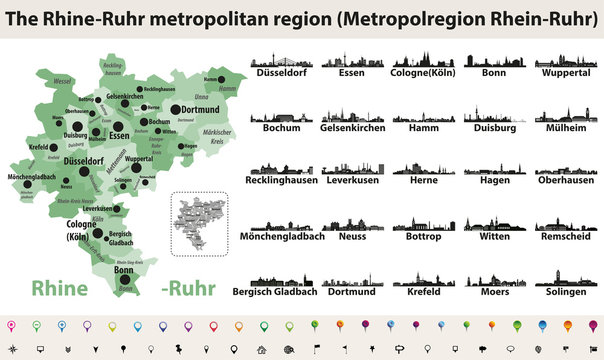 Rhine-Ruhr metropolitam area vector map with largest cities skylines silhouettes