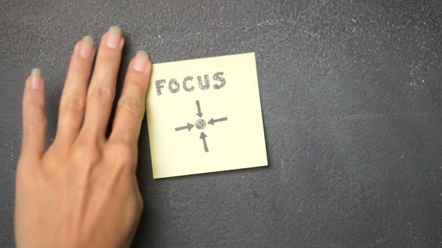 Closeup woman's hand sticking note with Focus word on the blackboard - video in slow motion