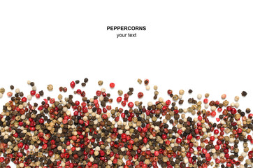 Pink, black , white , wild and red pepper on white background.Mixed peppers, assorted.