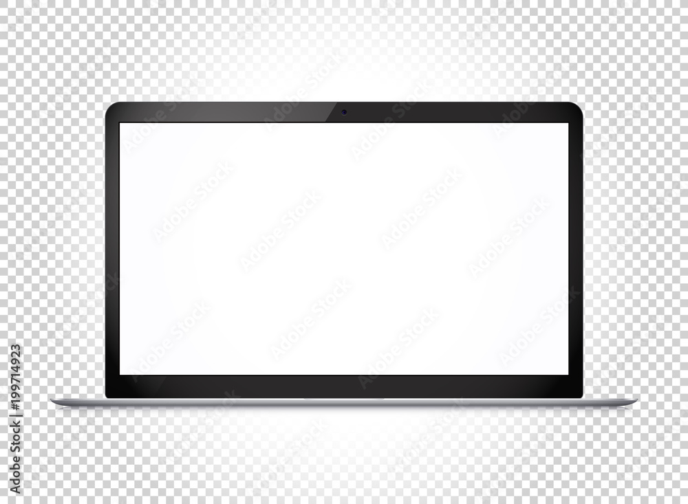 Poster modern thin laptop with wide screen. vector mockup isolated on transparent