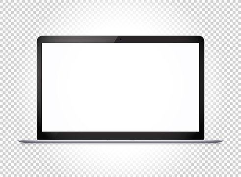 Modern thin laptop with wide screen. Vector mockup isolated on transparent