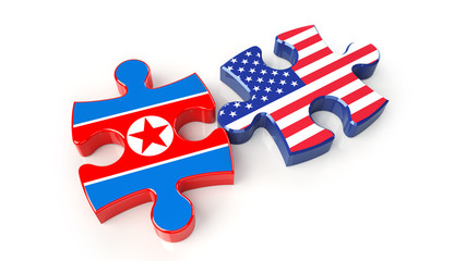USA and North Korea flags on puzzle pieces. Political relationship concept.