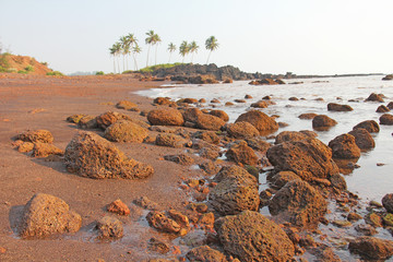 Beach with black sand and palm trees. Dark brown volcanic sand and beach in India, GOA. Large round...