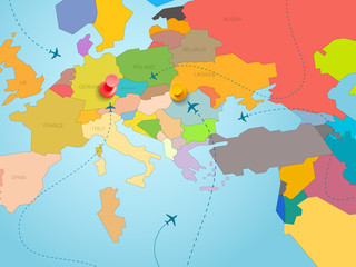 World travel concept. Vector illustration with map of Europe and color pins