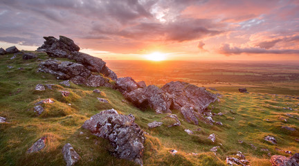 Vivid sunset fron Sourton tor Dartmoor national park Devon uk