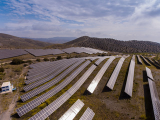 Solar energy farm. High angle view of solar panels on an energy farm
