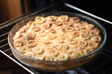 Cake with bananas from the hot oven