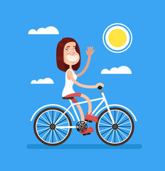 Fototapeta na wymiar Happy smiling woman bicyclist biker character riding bicycle and waving hand say hello. Sport healthy active lifestyle travel summer time concept. Vector flat graphic design isolated illustration