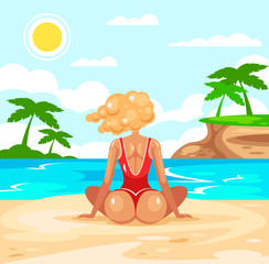 Sexy model beautiful woman character in bikini swimsuit sunbathing resting relaxing sitting on island beach sand coast ocean seaboard seaside shore and looking on water. Vacation resort tour travel 