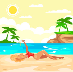 Sexy model beautiful woman character in bikini swimsuit sunbathing resting relaxing lying on island beach sand coast ocean seaboard seaside shore and taking photo selfie. Vacation resort tour travel