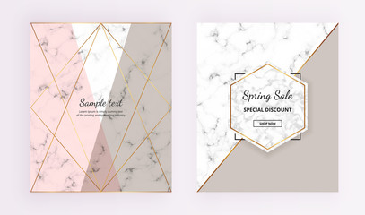 Marble geometric cover designs. Pink, grey, gold lines background. Trendy template for designs banner, card, flyer, invitation, party, birthday, wedding, placard, magazine,  website