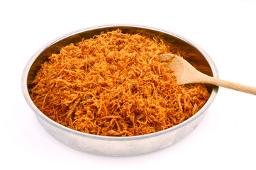 Dried shredded pork in the aluminum tray on white background.
Preservation dried Pork menu with sugar