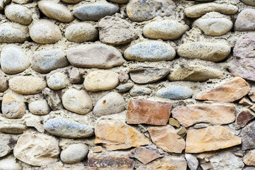 Background of grey and brown stonework wall with different forms stones and rough texture