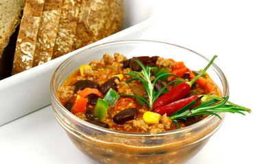 chili with meat or (German name is Chili con carne).
chili,ground pork and red bean and corn menu