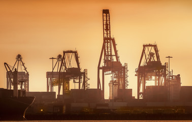 industrial docklands skyline at dusk on the Yarra river, Melbourne