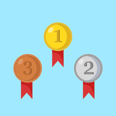 Set of medal for 1st, 2nd, 3rd place. Golden, silver, bronze trophy, winner award isolated on white background. Badge and ribbon, glossy prize, reward. Achievement, victory concept. Vector flat icon