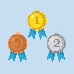 Fototapeta premium Set of medal for 1st, 2nd, 3rd place. Golden, silver, bronze trophy, winner award isolated on white background. Badge and ribbon, glossy prize, reward. Achievement, victory concept. Vector flat icon