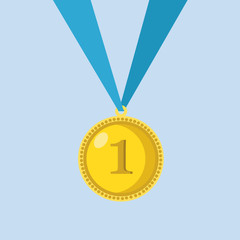 Medal for 1st, first place. Golden,  trophy, winner award isolated on blue background. Badge and ribbon, glossy prize, reward. Achievement, sport victory concept. Vector flat icon