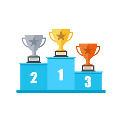 Winners podium with trophy icon in flat style. Pedestal illustration on white isolated background. Gold, silver and bronze award sign concept. - obrazy, fototapety, plakaty