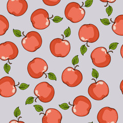 Seamless pattern with red apples on grey background. Hand drawn vector illustration.
