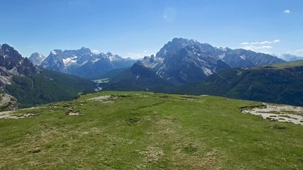 AERIAL VIEW: flight over National Park Tre Cime Di Lavaredo. Italian Dolomite