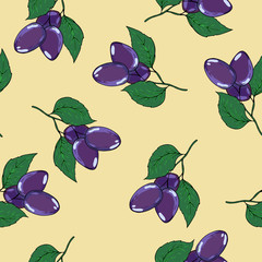 Seamless pattern with fresh violet plum branches on pastel beige background. Hand drawn vector illustration.